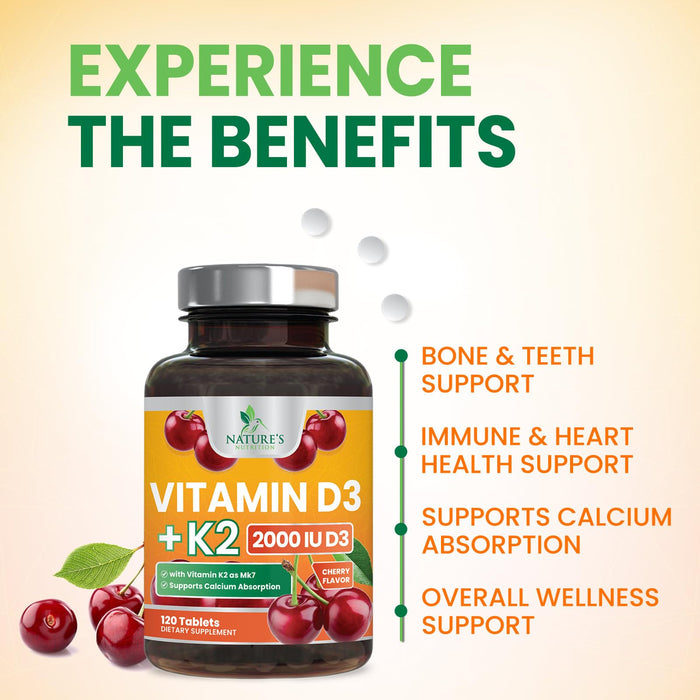 Vitamin D3 K2 2000 IU Plus with K2 (MK-7) 75 mcg - Vitamins D & K Complex Supplement for Bone, Teeth, Muscle, Calcium Absorption, Supports Immune & Heart Health, Non-GMO Chewable Formula - 120 Tablets