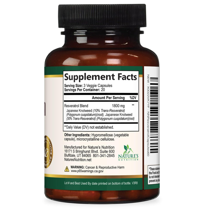 Resveratrol Supplement 1800mg - Extra Strength Antioxidants for Healthy Aging & Immune Support - Heart Health & Cellular Energy Support - Non-GMO, Bioavailable Trans-Resveratrol - 60 Vegan Capsules