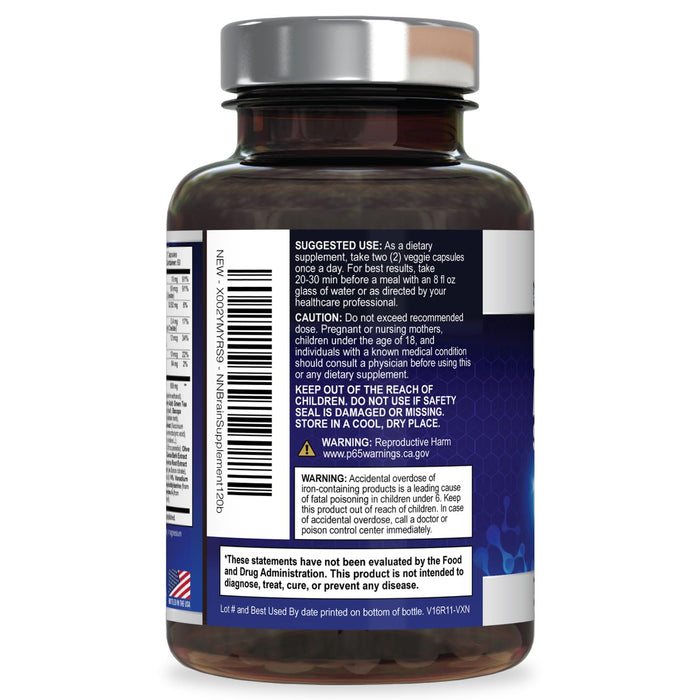Brain Memory Supplement Pills - Nootropics Support for Concentration, Clarity, Alertness & Focus - Brain Health with Bacopa, Cognitive Vitamins, Phosphatidylserine, DMAE - Brain Booster - 120 Capsules
