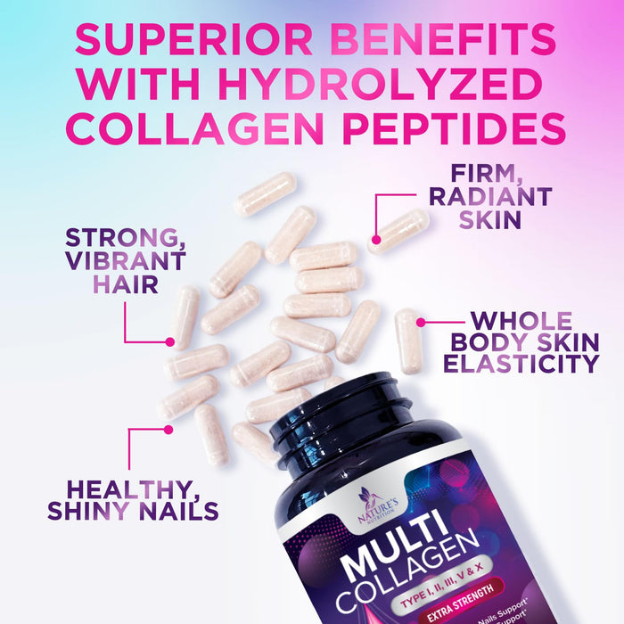 Multi Collagen Peptides Supplement - Hydrolyzed Types I, II, III, V & X Multi Collagen Pills, Hydrolyzed Collagen Peptides Supplements, Hair, Skin, Nail, and Joint Support Supplement, 180 Capsules