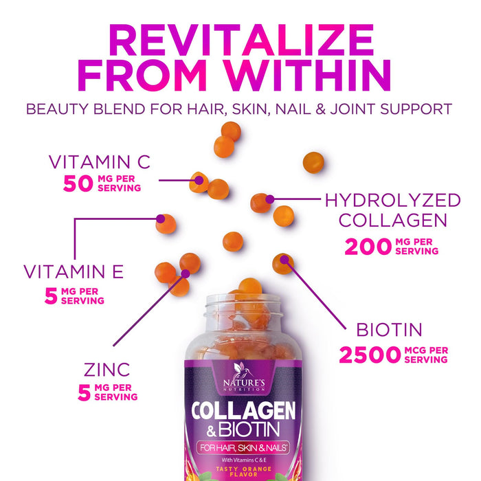 Collagen Gummies with 2500mcg Biotin, Vitamin C & Zinc - Hydrolyzed Collagen Peptide Type 1 & 3 Supplement - Advanced Hair, Skin & Nail Growth Support for Women & Men, Gluten Free, Non-GMO - 120 Count