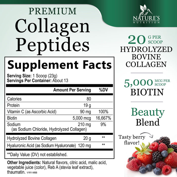 Collagen Peptides Powder 20g - Hydrolyzed Type 1 & 3 Berry Flavor Collagen Powder - Biotin, Hyaluronic Acid, Vitamin C - Hair, Skin, & Nails Support Supplement for Women & Men - Bottled in USA, 10.5oz