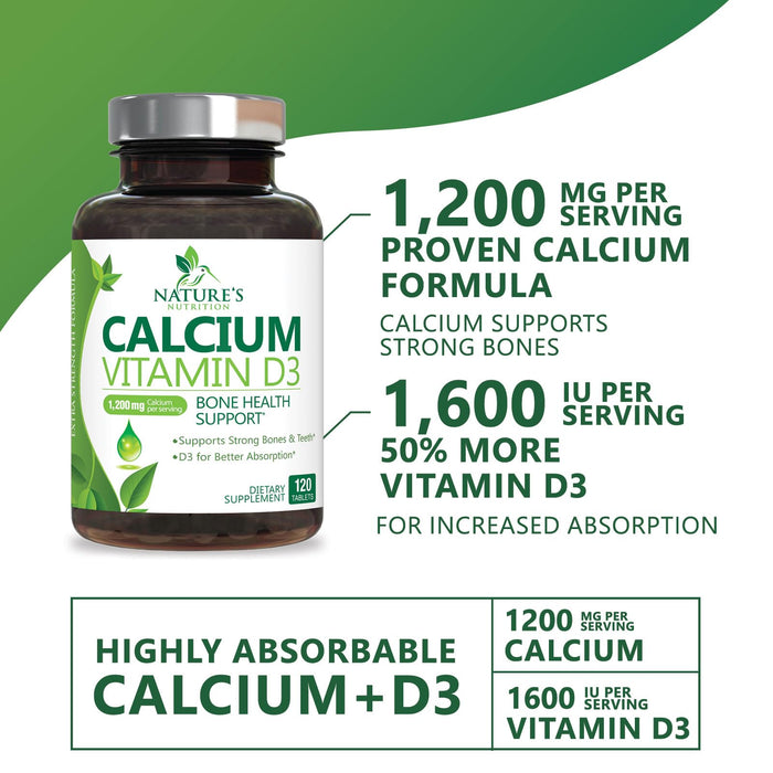 Calcium Supplement with Vitamin D - 1200 mg Calcium Carbonate with 1600 IU of D3 Vitamins - Supports Bone Strength, Teeth & Immune System - Natural & Easily Absorbable for Women & Men - 120 Tablets