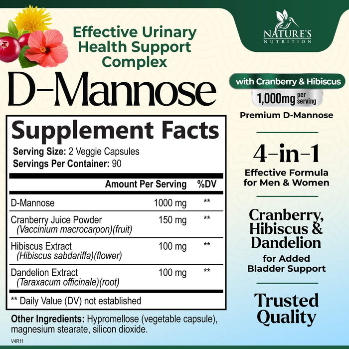 D-Mannose Supplement 1,350 mg with Cranberry & Hibiscus - Effective Fast-Acting, Flush the Impurities for Natural Bladder, Urinary Tract Health Support, for Women and Men, Non-GMO, Vegan, 180 Capsules