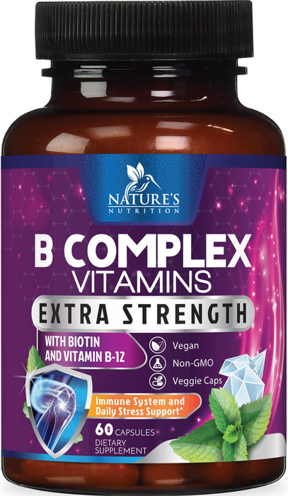 B Complex Vitamins Capsules with Vitamin B6 B12 B100 C Biotin Folate & Folic Acid - Supplement for Heart, Brain, & Nerve Support - Super Complete B-Complex for Immune & Energy Support - 60 Capsules