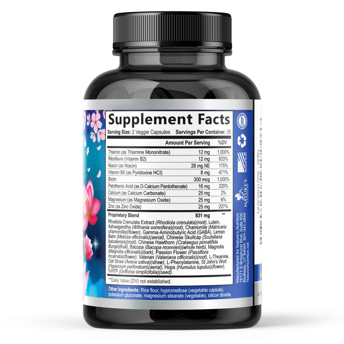 Natural Calm, Unwind & Relax Support with Ashwagandha, GABA, Magnesium, 5-HTP, L-Theanine & B Vitamins, Natural Focus, Energy & Immune Support - Nature's Non-GMO, Vegan, Gluten Free - 60 Capsules