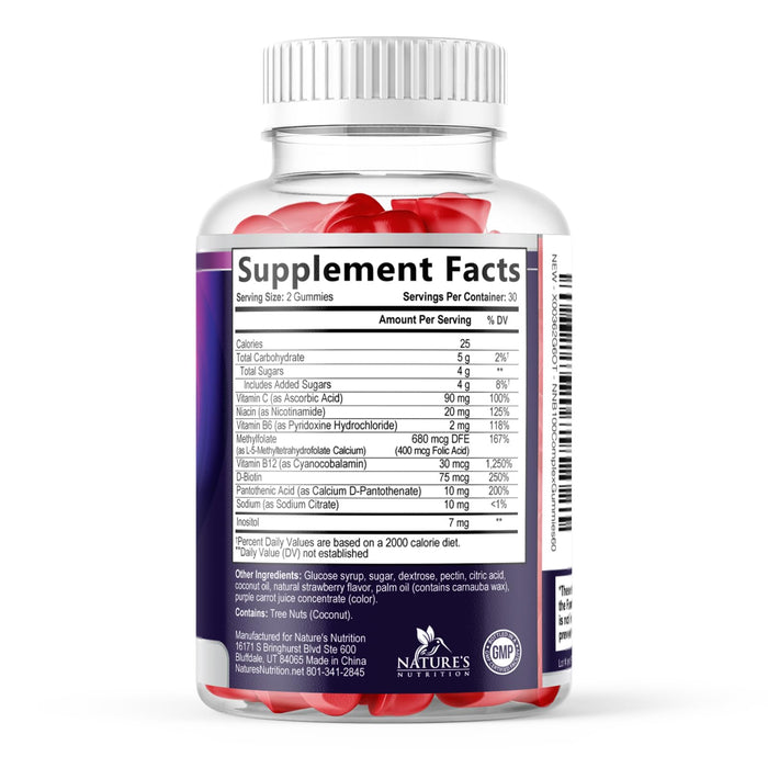 B Complex Supplement Gummies with Vitamin C & Folic Acid, Extra Strength Super Vitamin B Gummy with Niacin, B6, Folic Acid, B12, Biotin, Nature's Energy Immune Support Supplements - 60 Gummies