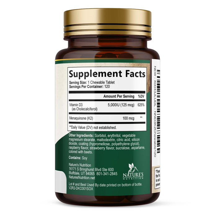 Vitamin D3 K2 Supplement | 5000 IU D3 + K2 100 mcg | MK-7 K2 with Vitamin D | Supports Immune, Heart, Teeth & Bone Health - Nature's Easy to Chew, VIT D3 K2, Non-GMO, Tasty Berry Flavor - 120 Tablets