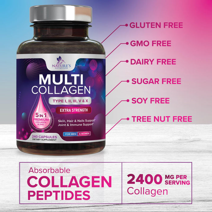 Multi Collagen Peptides Supplement - Hydrolyzed Types I, II, III, V & X Multi Collagen Pills, Hydrolyzed Collagen Peptides Supplements, Hair, Skin, Nail, and Joint Support Supplement, 240 Capsules