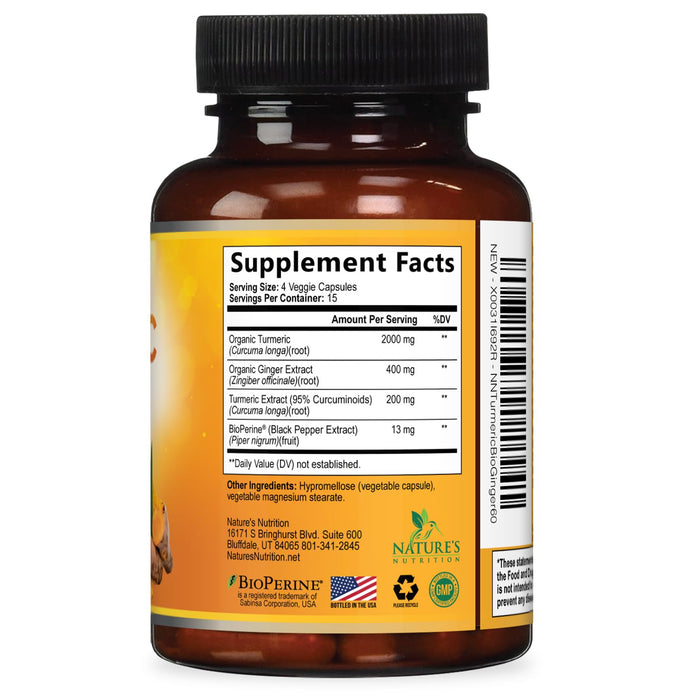 Turmeric Curcumin Supplement 2600mg with Organic Ginger & Turmeric, BioPerine Black Pepper Extract 95% Curcuminoids - Advanced Absorption Joint & Antioxidant Extra Strength Support - 60 Capsules