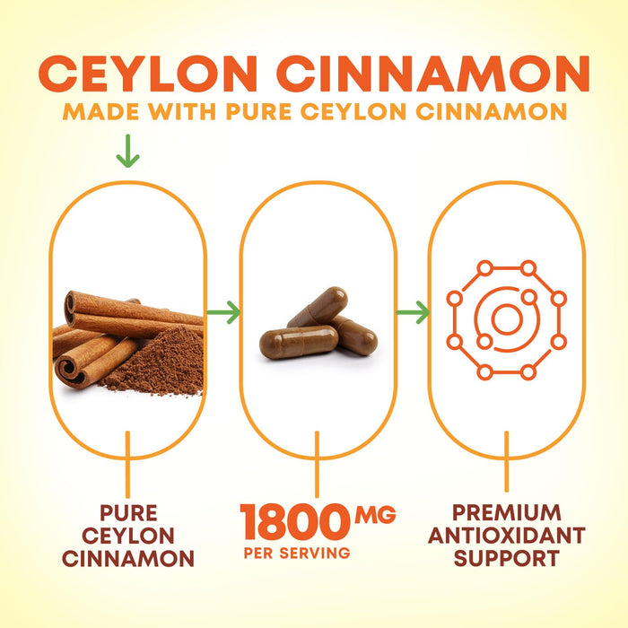 Organic Ceylon Cinnamon Supplement 1800mg - Certified Organic Ceylon Cinnamon Powder Pills - Energy & Heart Support for Women & Men, Bottled in USA, Antioxidant, Gluten Free, Non-GMO - 60 Capsules