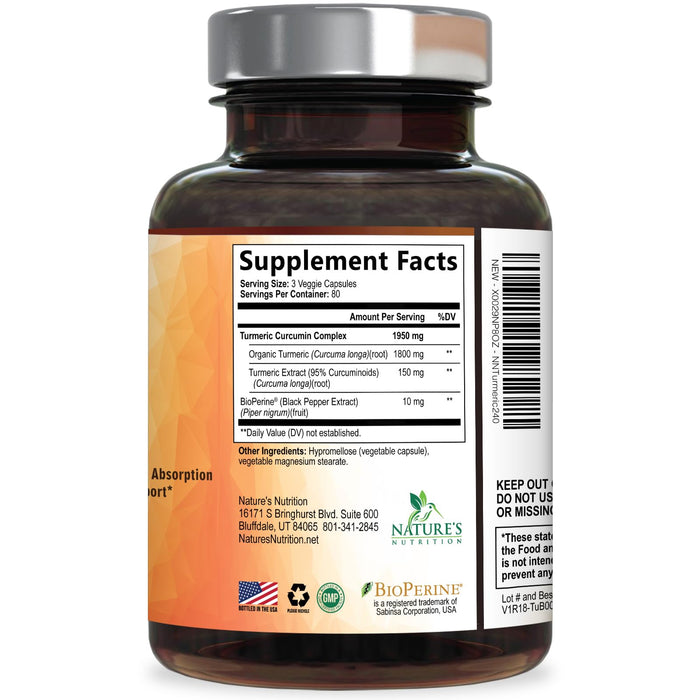 Turmeric Curcumin Supplement 1950mg - 95% Curcuminoids with Organic Turmeric & BioPerine Black Pepper Extract for Best Absorption, Nature's Vegan Joint Support, Non-GMO, Bottled in USA - 240 Capsules