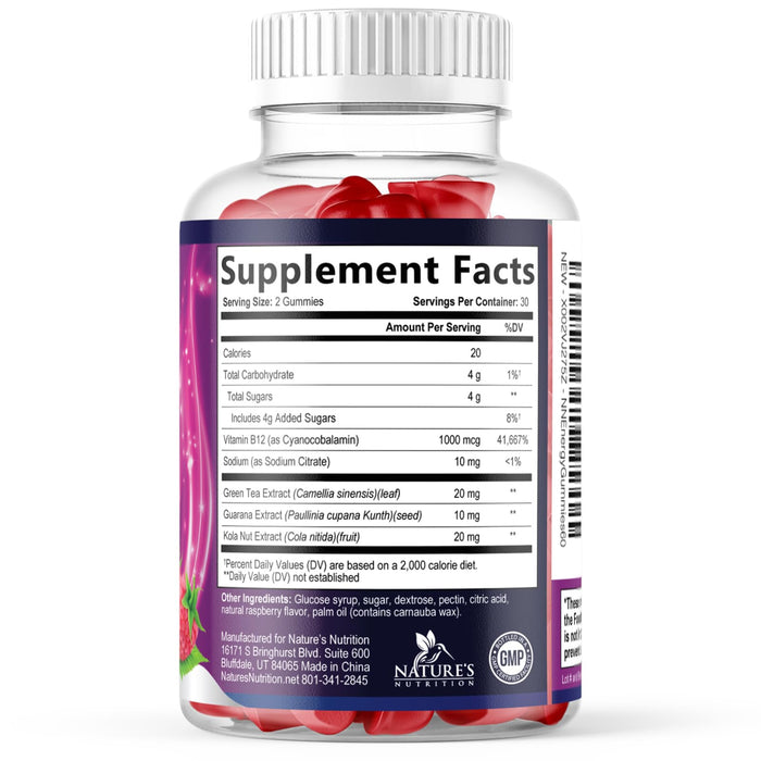 Energy Gummies 1000 mcg Vitamin B12, Green Tea Natural Caffeine Support, Daily Energy Gummies Vitamins, Delicious Berry Flavor B12 Chewable Exercise Supplement for Running Cycling & Sports - 60 Chews