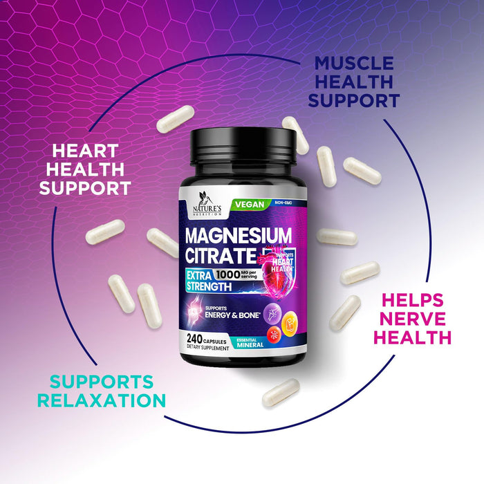 Magnesium Citrate Supplement 1000 mg for Best Absorption, Supports Bone, Heart Health, Nerves, Muscles, Metabolism & Calm, Nature's Pure Magnesio Vitamin Pills, Bottled in USA - 240 Capsules
