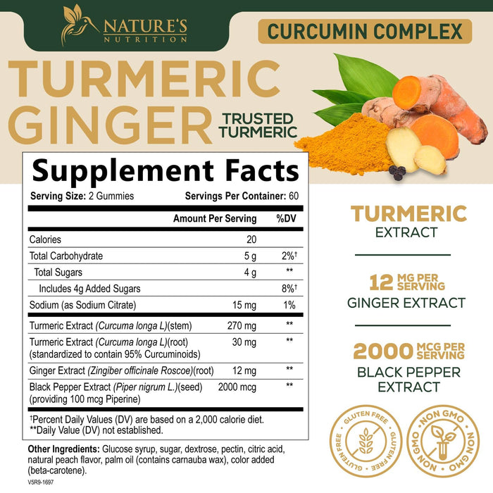 Turmeric and Ginger Gummies - Vegan Turmeric Curcumin Gummies with Black Pepper Extract for High Absorption, Nature's Curcumin Gummy for Joint Support Supplement, Non-GMO, Gluten Free - 120 Count