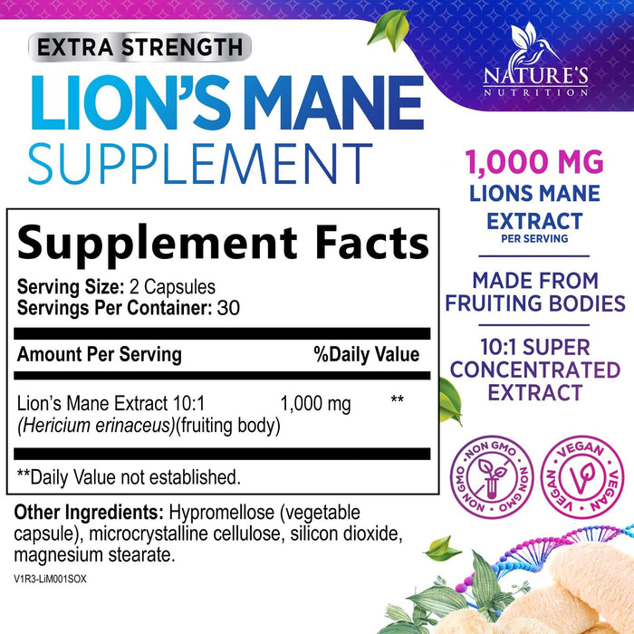 Lions Mane Mushroom Supplement - Brain Health Support for Focus, Memory, Cognition & Immune Support - Nature's Nootropic Lion's Mane Mushroom Extract Non-GMO, Vegetarian & Gluten Free - 60 Capsules