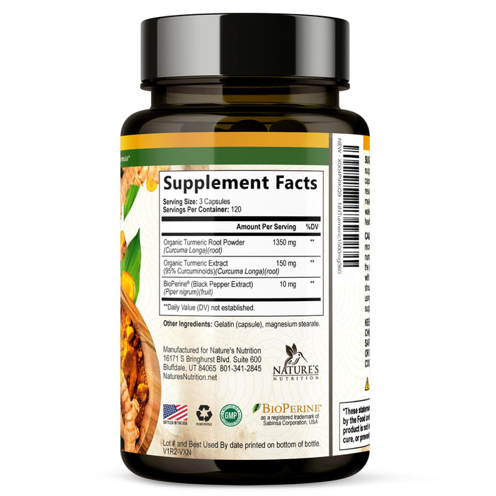 Turmeric Curcumin Supplement 1500mg - Organic Tumeric & BioPerine Black Pepper for Best Absorption with 95% Curcuminoids, Nature's Joint & Immune Support, Non-GMO, Bottled in USA