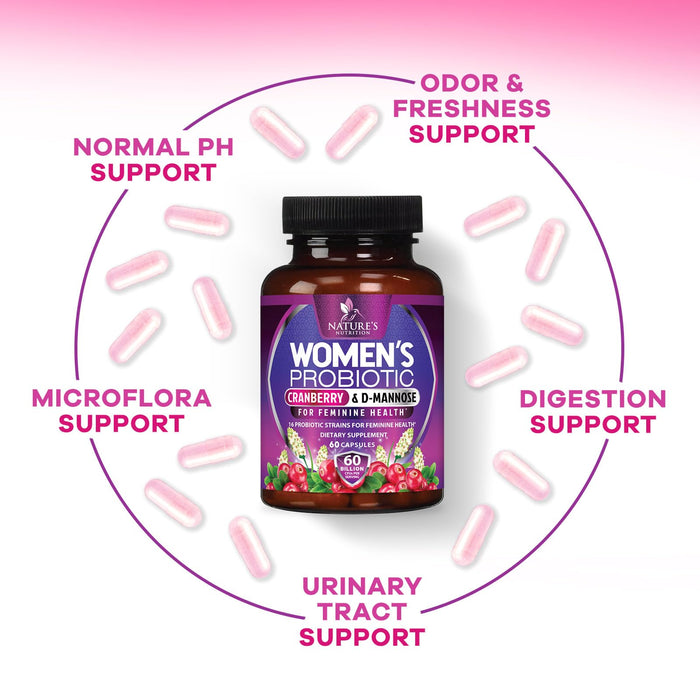 Probiotics for Women 60 Billion CFU - 16 Strains, Prebiotics & Cranberry, PH Balance, Digestive Health, Vaginal & Immune Support, Womens Probiotic for Gut Health, Shelf Stable - 60 Capsules