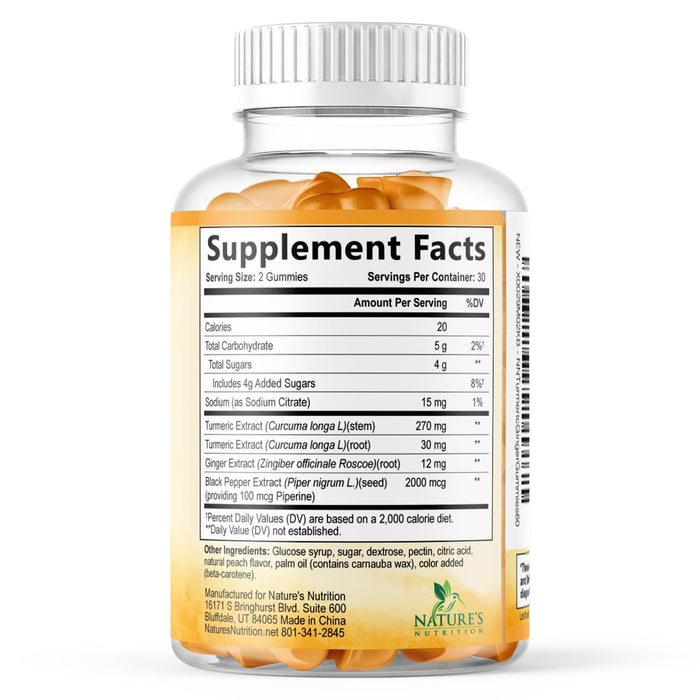 Turmeric Gummies with Black Pepper & Ginger for Best Absorption, 95% Curcuminoids Tumeric Curcumin Gummy, Nature's Herbal Extract Joint Support Supplement, Vegan Non-GMO, Peach Flavor - 60 Gummies