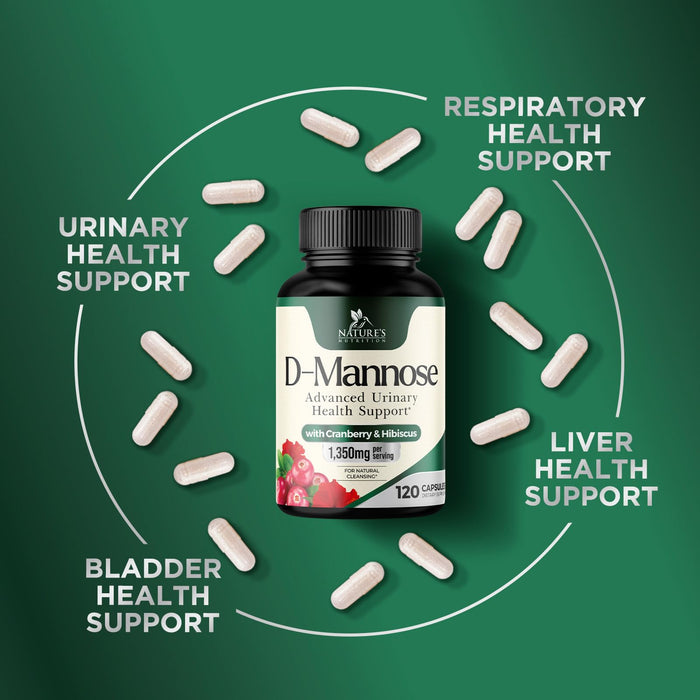 D-Mannose Supplement 1,350 mg with Cranberry & Hibiscus - Effective Fast-Acting, Flush the Impurities for Natural Bladder, Urinary Tract Health Support, for Women and Men, Non-GMO, Vegan, 120 Capsules