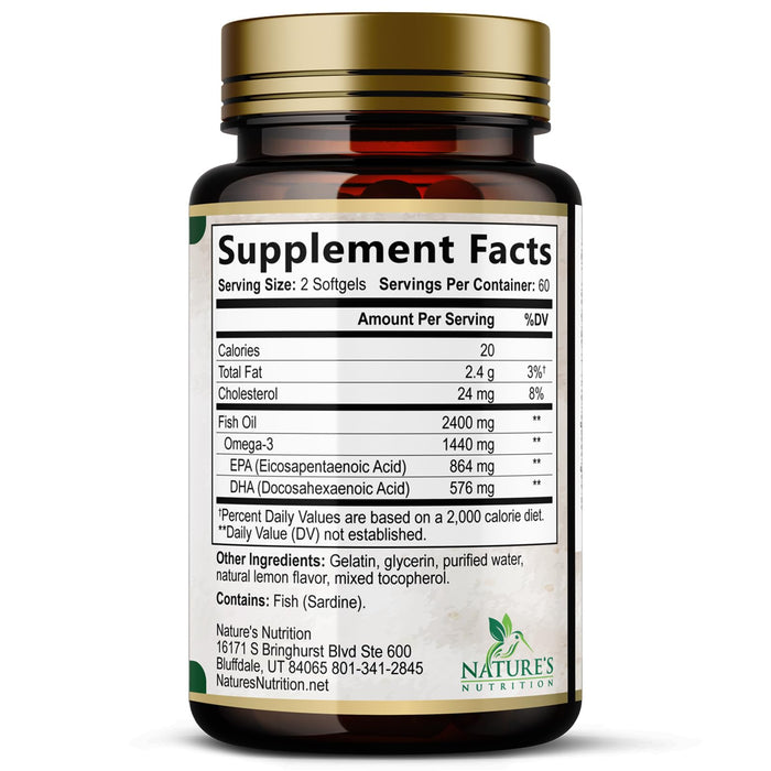 Omega 3 Fish Oil Supplements - 2400 mg Triple Strength Omega3, EPA & DHA with Essential Fatty Acids - Natural Immune, Brain & Heart Health Support - Gluten Free, Non-GMO, Wild Caught - 120 Softgels
