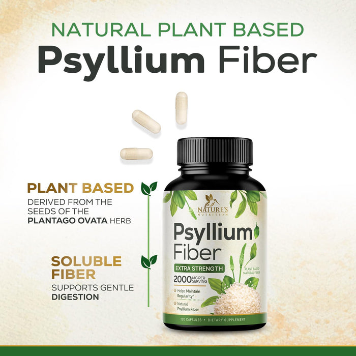 Psyllium Husk Fiber Supplement 2000mg, Natural Daily Soluble & Insoluble Fiber Pills, Psyllium Husk Powder Capsules Supports Digestion Colon Health & Regularity, Plant Based Supplement - 120 Capsules
