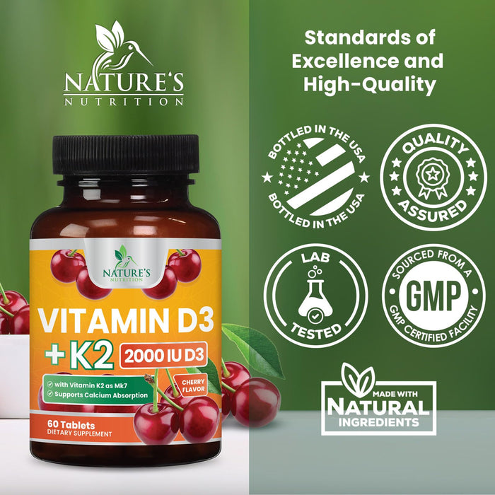 Vitamin D3 K2 2000 IU Plus with K2 (MK-7) 75 mcg - Vitamins D & K Complex Supplement for Bone, Teeth, Muscle, Calcium Absorption, Supports Immune & Heart Health, Non-GMO Chewable Formula - 60 Tablets