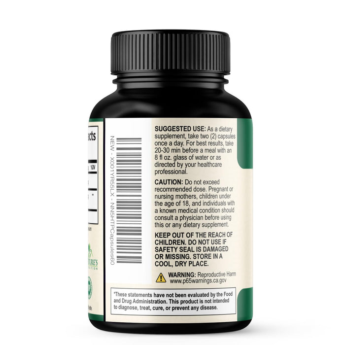 5 HTP 200mg Capsules Vegetarian Supplement - 5HTP Plus Calcium for Brain Support - Extra Strength Griffonia Simplicifolia 5-HTP Formula - 5 Hydroxytryptophan - Gluten Free & Non-GMO - 60 Capsules