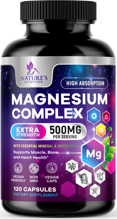 Magnesium Complex Supplement 500 mg - 4 in 1 High Absorption Chelated Magnesium Glycinate, Malate, Citrate, Oxide, Aquamin - Non-GMO Magnesio Capsules, Bone Muscle & Heart Health Support, 120 Capsules