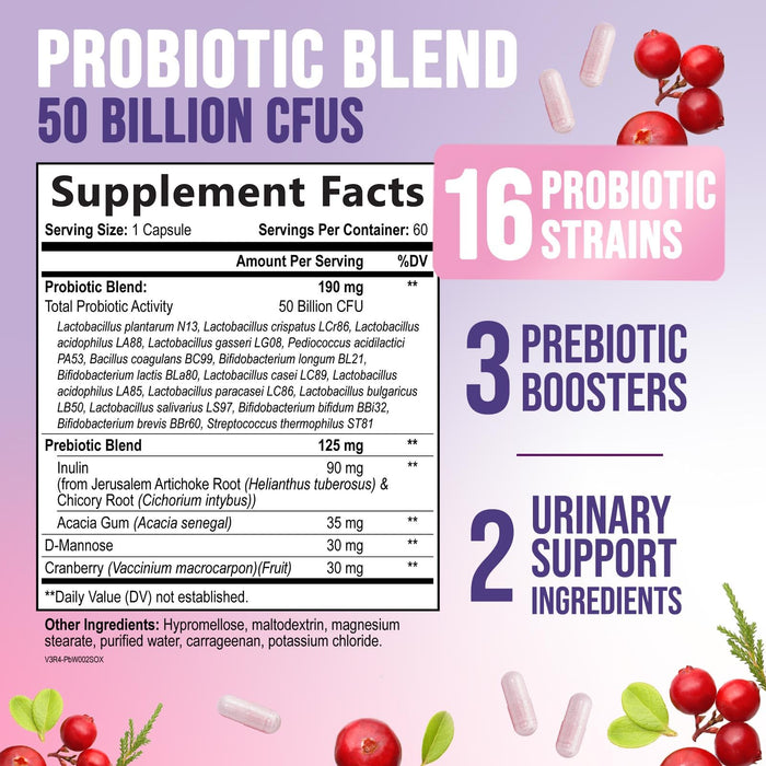 Probiotics for Women - Probiotic Blend 50 Billion CFU Per Cap - 16 Feminine Health Strains Women's Probiotic - Prebiotic for Vaginal PH Balance, Urinary UT Health Support - Bottled USA - 60 Capsules