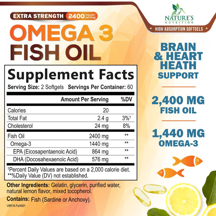 Omega 3 Fish Oil 2400 mg – Triple Strength EPA & DHA Fatty Acids for Heart, Brain & Joint Support – Wild-Caught, Burpless, Lemon Flavor Supplement – Natural, Non-GMO, Gluten-Free – 120 Softgels