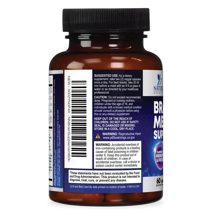 Brain Memory Supplement Pills - Nootropics Support for Concentration, Clarity, Alertness & Focus - Brain Health with Bacopa, Cognitive Vitamins, Phosphatidylserine, DMAE - Brain Booster - 60 Capsules