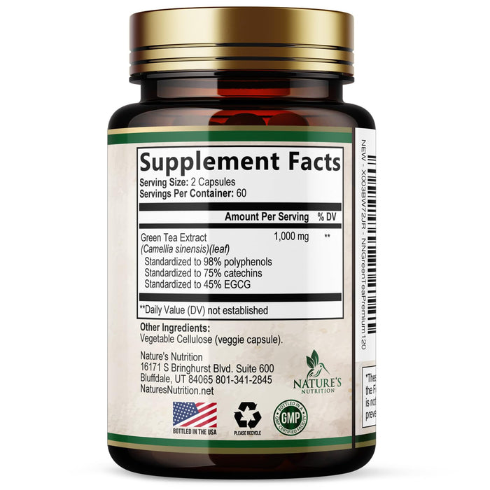 Green Tea Extract Capsules 1000 mg - Standardized 45% EGCG & 98% Polyphenols - 3X Strength Green Tea Pills for Natural Energy - Supports Heart Health, Herbal Supplement, Vegan, Non-GMO - 120 Capsules