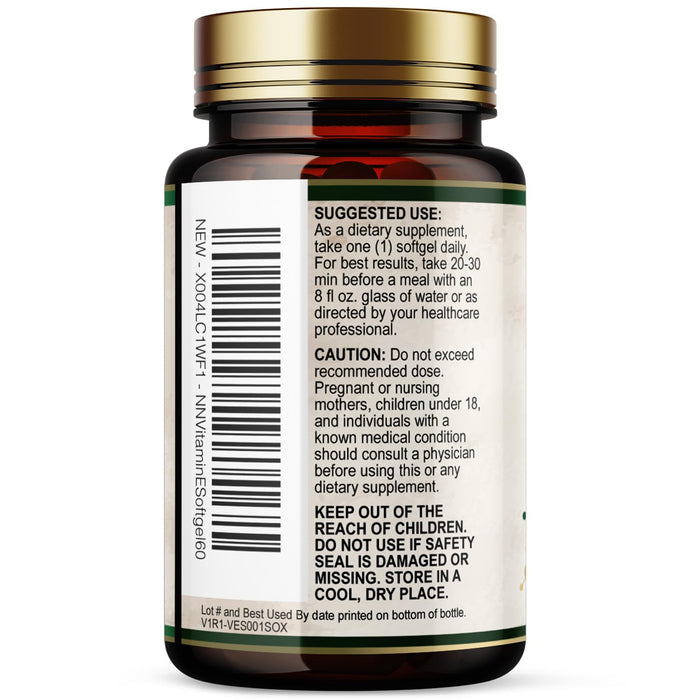 Vitamin E 400 IU Softgels (180mg DL-Alpha) for Women & Men, Supplement for Max Absorption, Nature's Antioxidant for Skin, Heart, Eye, and Immune Health Support, Dairy, Gluten & Soy Free