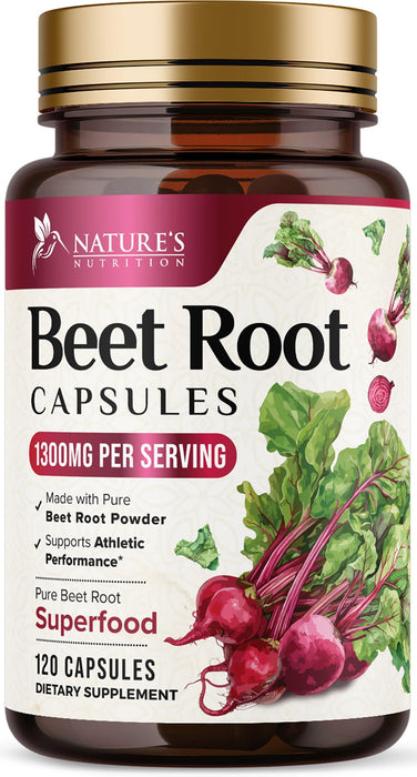 Beet Root Capsules 1300mg - Extra Strength Red Beetroot Powder Supplement – Supports Nitric Oxide Production, Heart Health & Natural Energy – Non-GMO, Vegan, Gluten Free – 120 Veggie Capsules