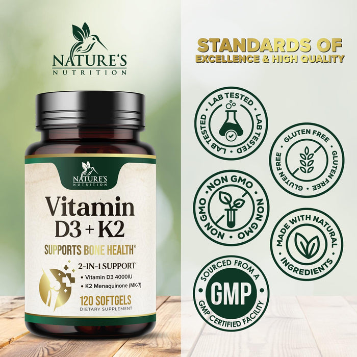 Vitamin D3 K2 5000 IU Plus with K2 (MK-7) 100 mcg - Vitamins D & K Complex Supplement for Bone, Teeth, Muscle, Calcium Absorption, Supports Immune & Heart Health, Non-GMO, Oil Formula - 120 Softgels