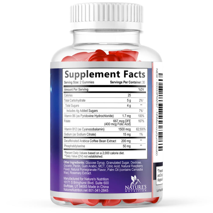 Brain Supplement Gummies for Concentration Memory & Focus Support - Brain Clarity Health with B6 B12, Phosphatidylserine, Coffee Extract, Nootropics Cognitive Vitamins for Adults - 60 Vegan Gummies