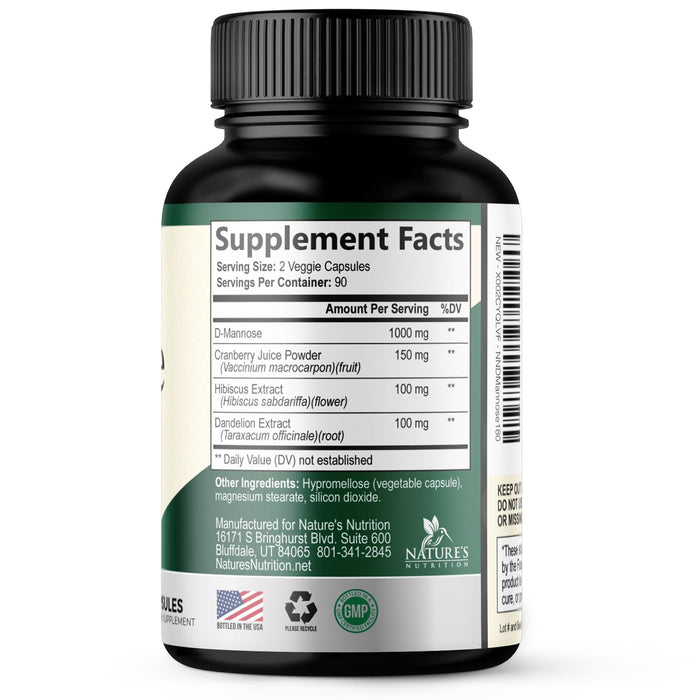 D-Mannose Supplement 1,350 mg with Cranberry & Hibiscus - Effective Fast-Acting, Flush the Impurities for Natural Bladder, Urinary Tract Health Support, for Women and Men, Non-GMO, Vegan, 180 Capsules