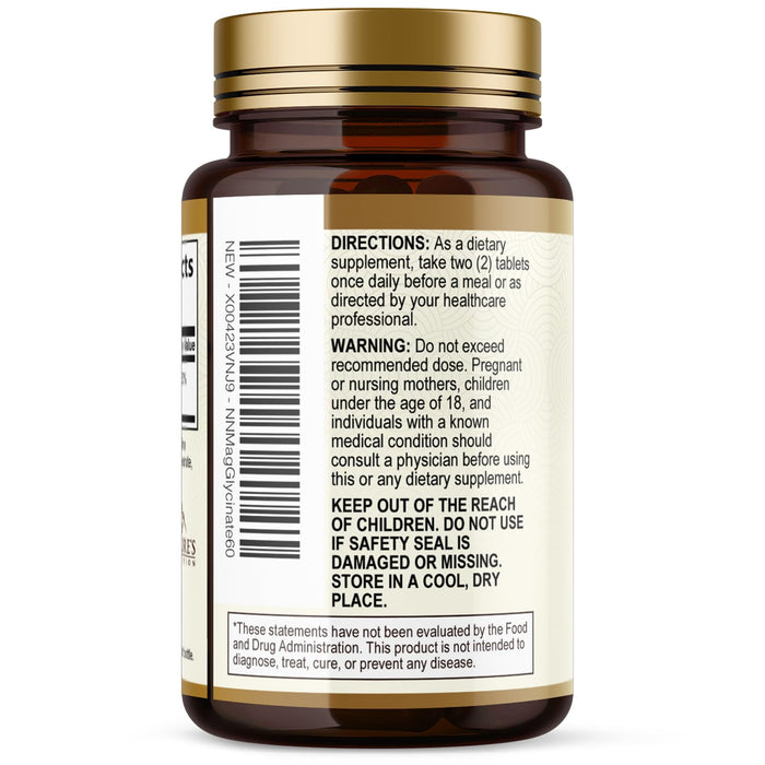 Magnesium (Glycinate) - Magnesium Supplement for Heart Health, Nerve, Muscle, Bone, and Sleep Support - 100% Chelated & High Absorption - 250 mg per Serving - Gluten Free, Vegan, Non-GMO - 60 Count