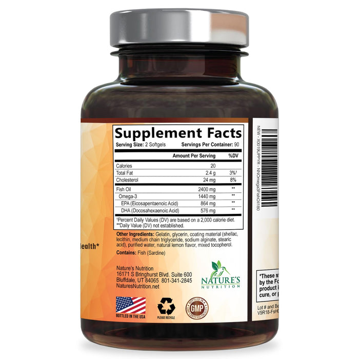 Omega 3 Fish Oil 2400 mg – Triple Strength EPA & DHA Fatty Acids for Heart, Brain & Joint Support – Wild-Caught, Burpless, Lemon Flavor Supplement – Natural, Non-GMO, Gluten-Free – 180 Softgels