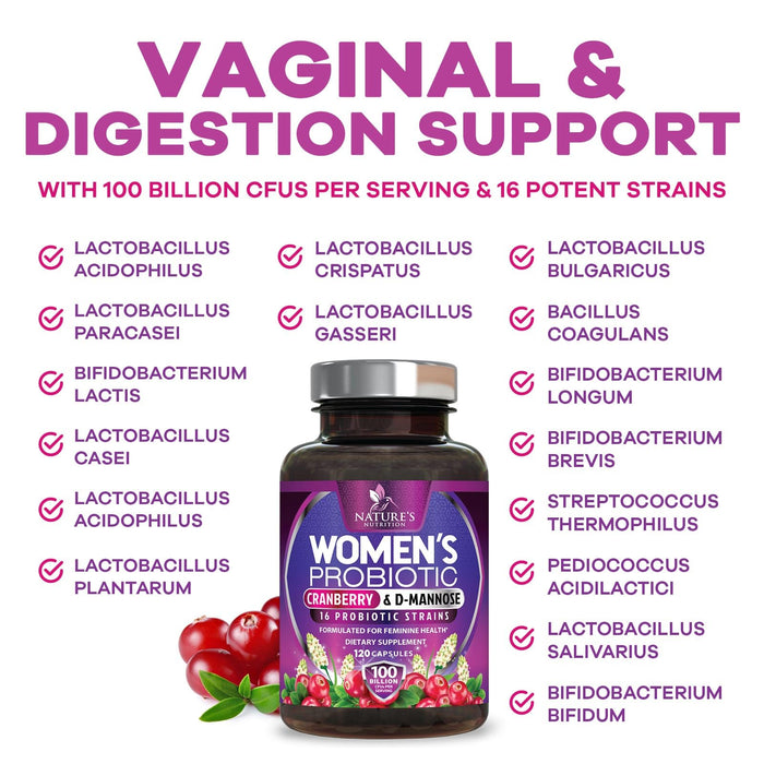 Probiotics for Women 60 Billion CFU - 16 Strains, Prebiotics & Cranberry, PH Balance, Digestive Health, Vaginal & Immune Support, Womens Probiotic for Gut Health, Shelf Stable - 120 Capsules