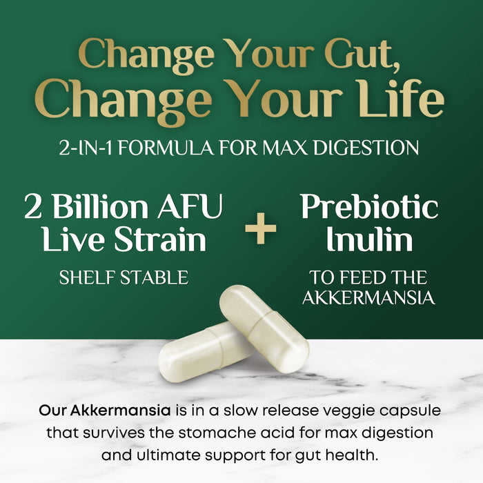 Akkermansia Probiotic Supplement for Women & Men, Akkermansia Muciniphila GLP 1 Probiotics with Prebiotic, 2 Billion AFU, Natural Digestive, Gut Health, & GLP 1 Production Support, 60 Capsules