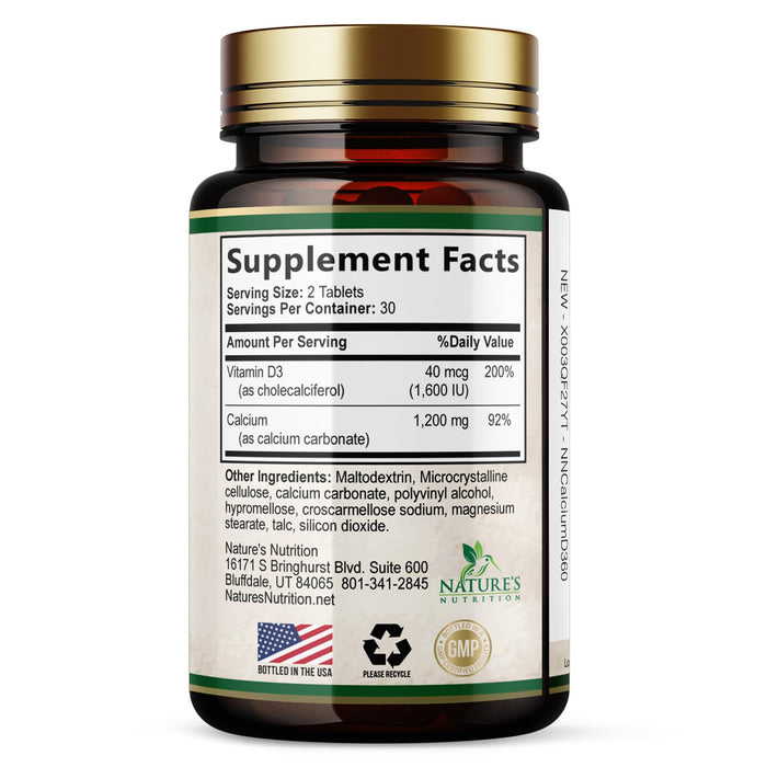 Calcium 1200 mg with Vitamin D3, Calcium Supplement Vitamins, Supports Bone Strength, Teeth & Immune System, Calcium Supplements for Women & Men, Nature's Absorbable Calcium Carbonate - 60 Tablets