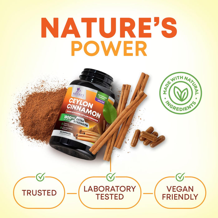 Organic Ceylon Cinnamon Supplement 1800mg - Certified Organic Ceylon Cinnamon Powder Pills - Energy & Heart Support for Women & Men, Bottled in USA, Antioxidant, Gluten Free, Non-GMO - 180 Capsules