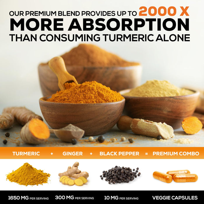 Turmeric Curcumin Supplement 1950mg - 95% Curcuminoids with Organic Turmeric & Ginger, BioPerine Black Pepper for Best Absorption, Nature's Vegan Joint Support, Non-GMO, Bottled in USA - 240 Capsules