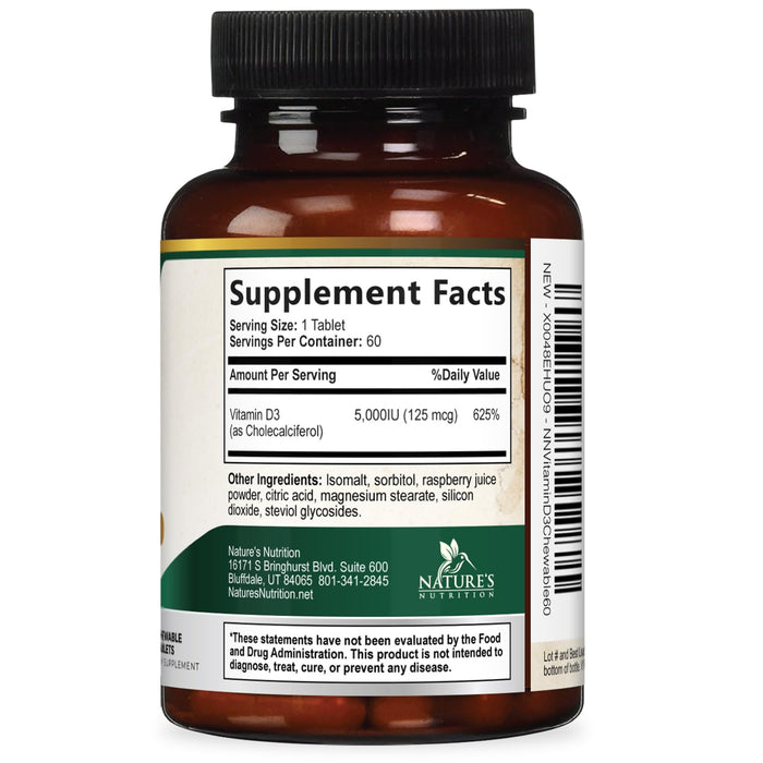 Vitamin D3 5000 IU (125 mcg) Nature's Extra Strength Vitamin D Supplement Chewable for Immune Support Health - Bone, Teeth and Muscle Supplements - Sugar Free, Non-GMO, Gluten Free - 60 Count Tablets