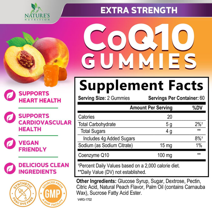 Nature's Nutrition CoQ10 Gummies 100mg – High Absorption Coenzyme Q10 Supplement for Heart Health, Energy & Antioxidant Support – Peach Flavor Gummy, Vegan, Non-GMO, Gluten Free – 120 Count