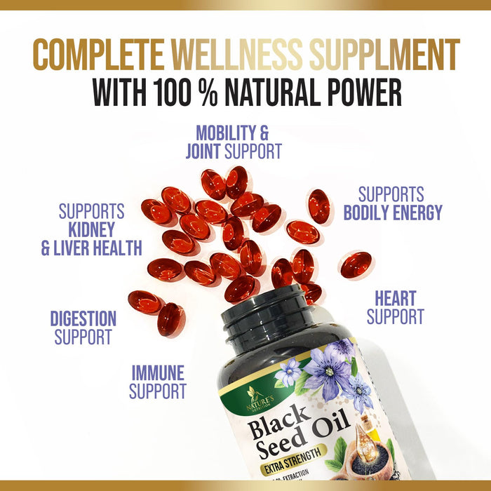 Black Seed Oil Softgels 1000mg - Premium Nigella Sativa Blackseed, Pure Natural Black Cumin Seed Oil & Antioxidant for Skin & Immune Support - Non GMO, Bottled in USA Supplement - 60 Softgels