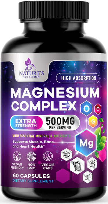 Magnesium Complex Supplement 500 mg - 4 in 1 High Absorption Chelated Magnesium Glycinate, Malate, Citrate, Oxide, Aquamin - Non-GMO Magnesio Capsules, Bone Muscle & Heart Health Support, 60 Capsules