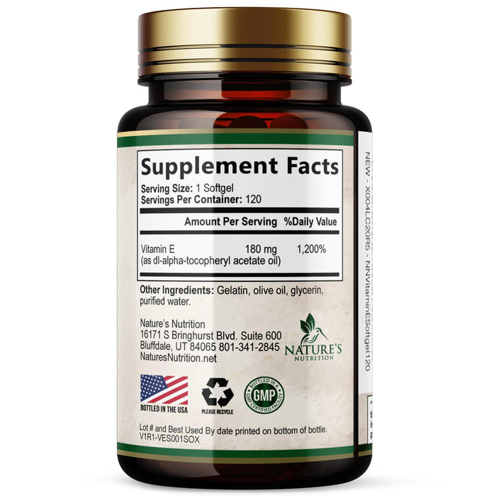 Vitamin E 400 IU Softgels (180mg DL-Alpha) for Women & Men, Supplement for Max Absorption, Nature's Antioxidant for Skin, Heart, Eye, and Immune Health Support, Dairy, Gluten & Soy Free